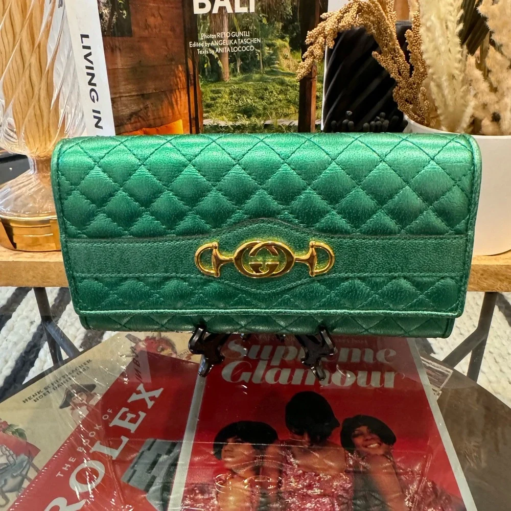 Gucci Green Long Wallet with Horsebit GG